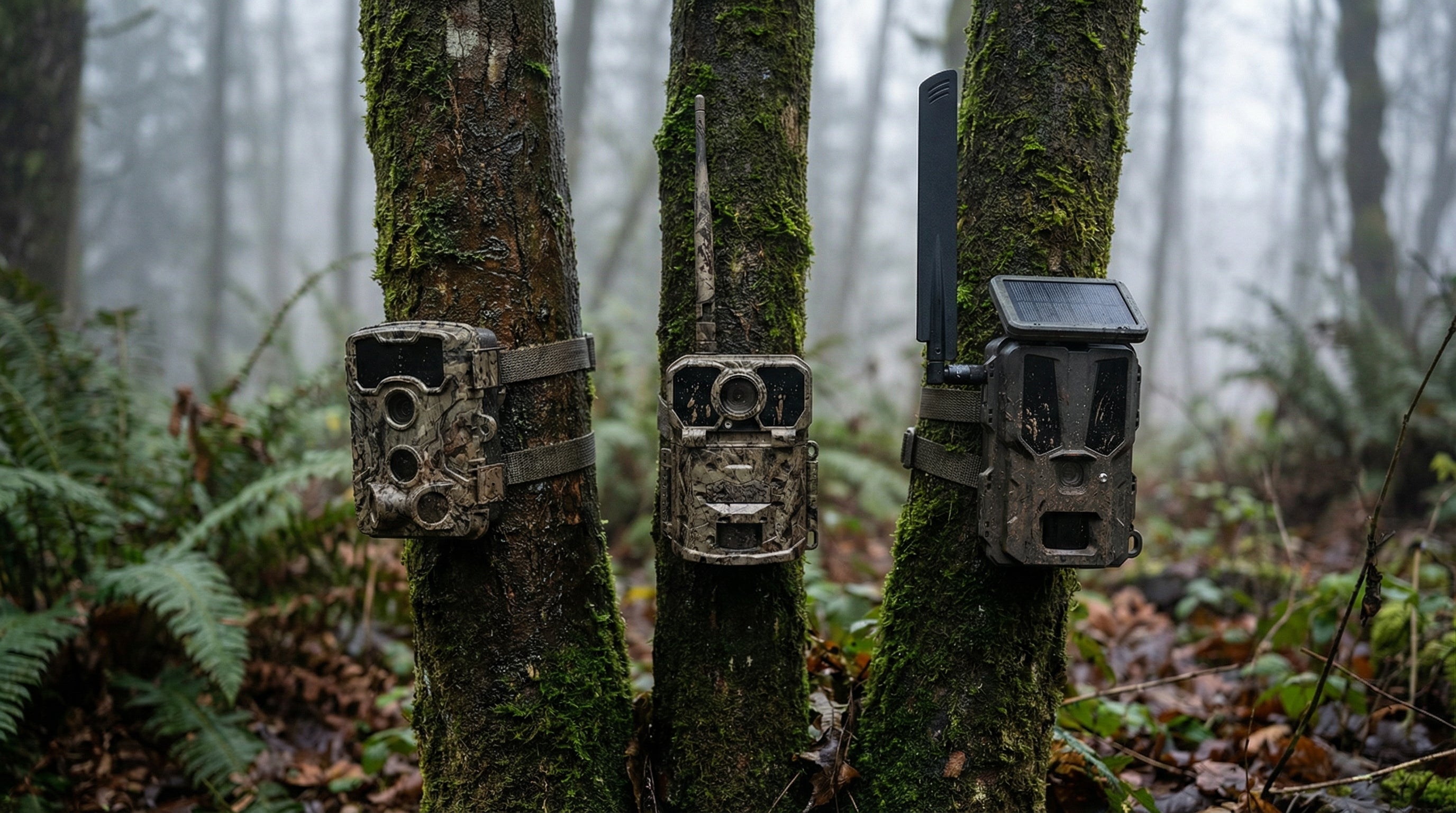 Multiple trail cameras mounted on trees in foggy forest – wireless vs cellular vs standard game camera comparison