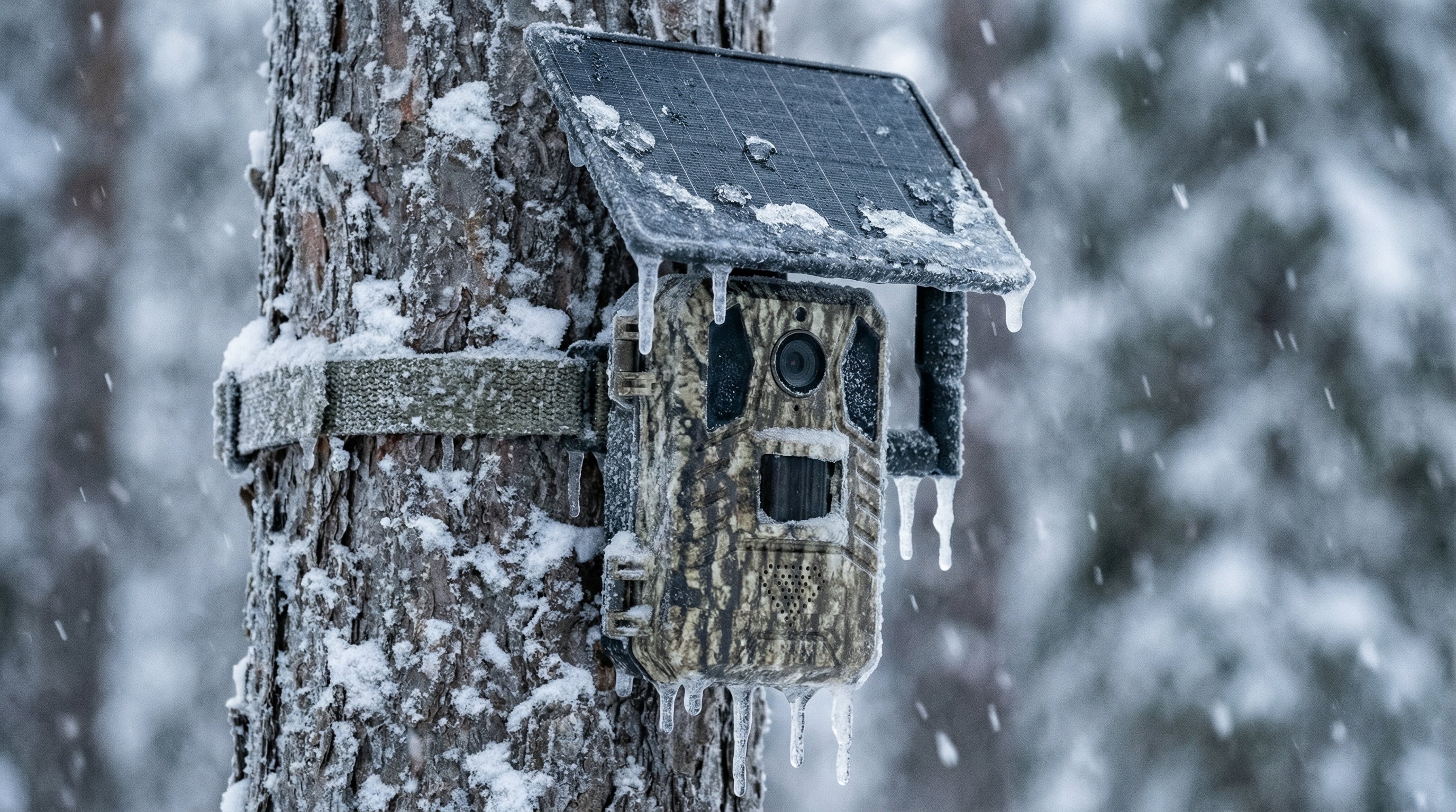Solar trail camera covered in snow on tree during winter – WildTrackr cold weather extended deployment setup
