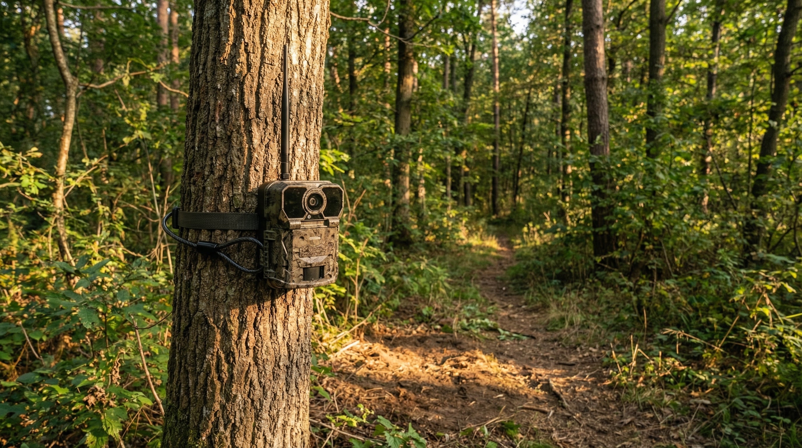 Trail camera mounted on tree in forest for optimal wildlife detection – WildTrackr placement guide