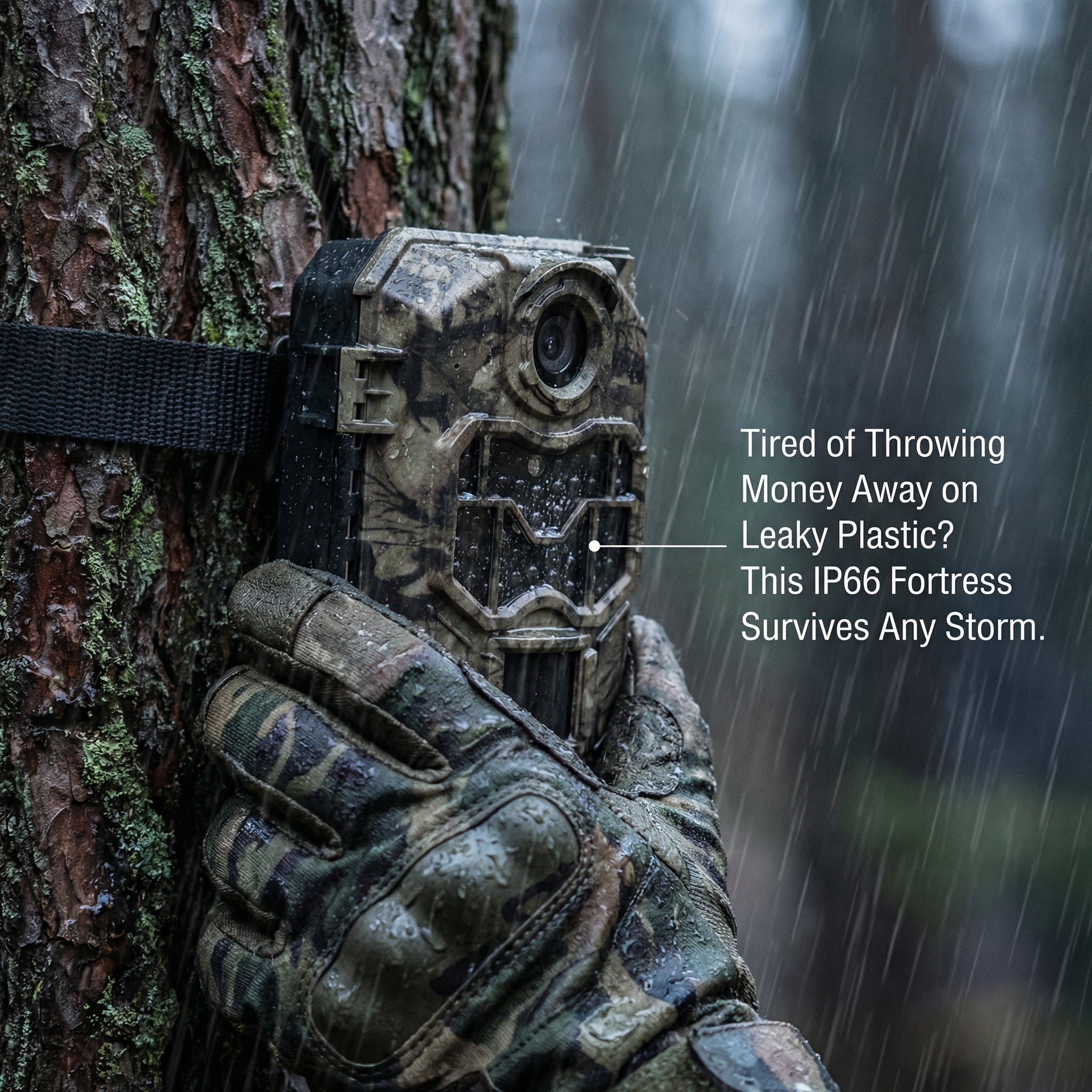 IP66 waterproof trail camera strapped to tree in heavy rain – WildTrackr PH770 24MP game camera