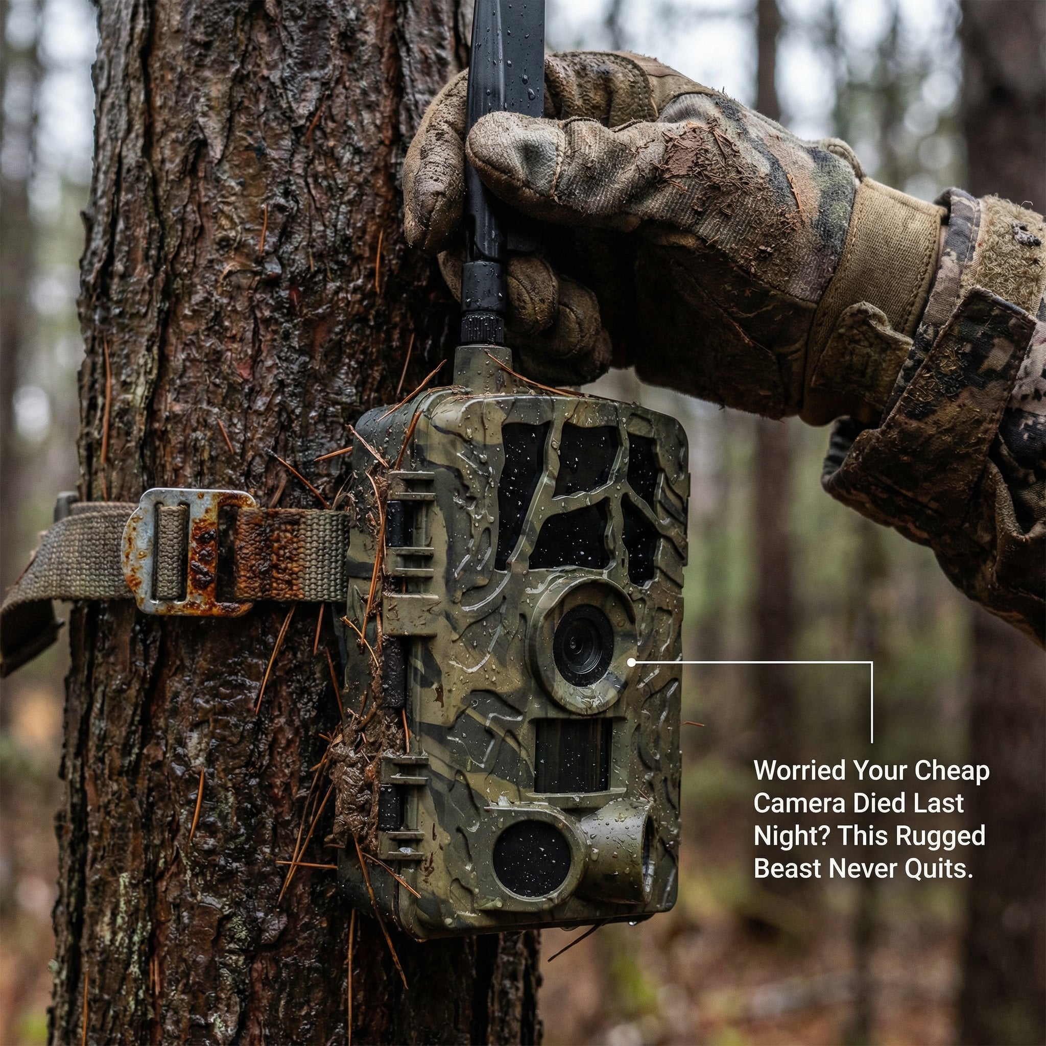 Rugged 4G LTE trail camera strapped to tree for remote wildlife monitoring – WildTrackr PR804LTE