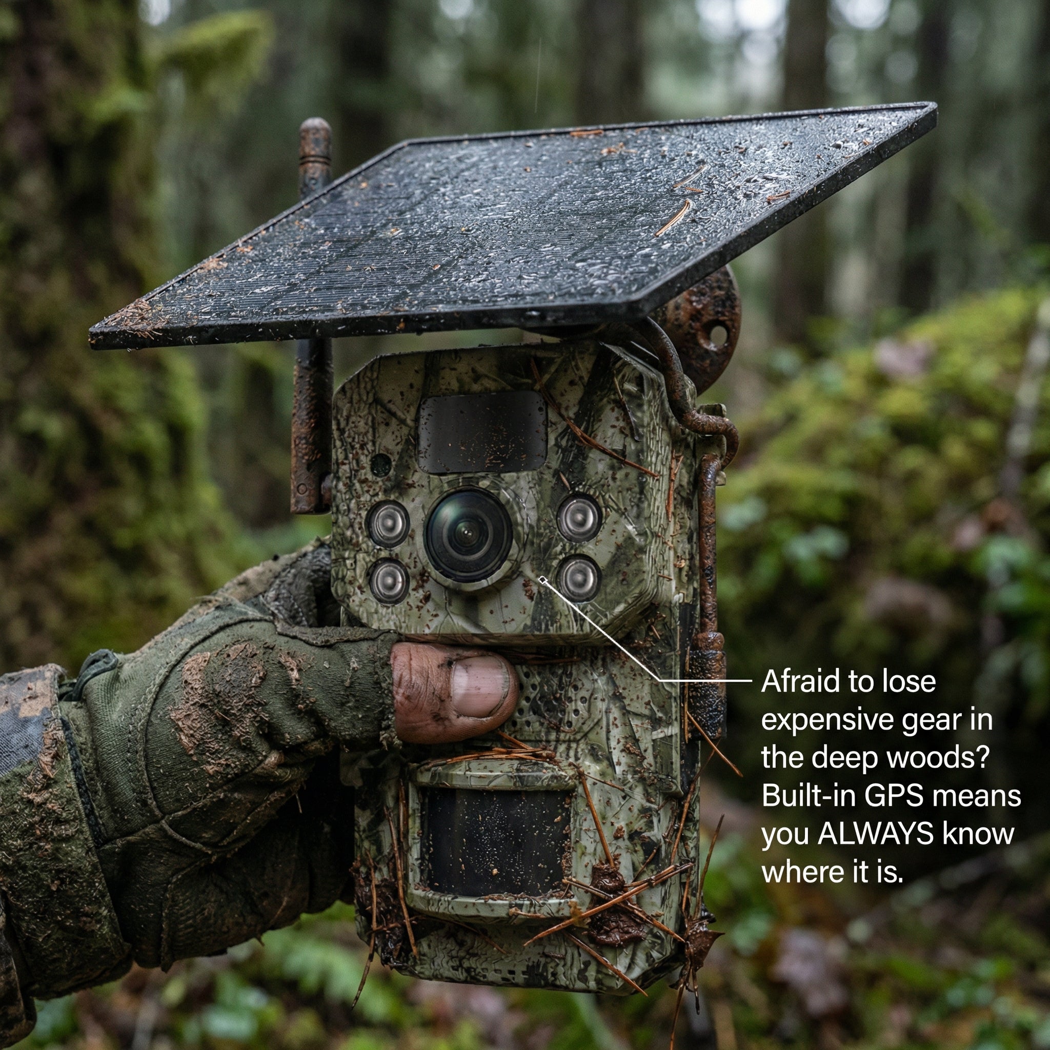 Hunter holding solar 4G GPS trail camera with dual lens in deep woods – WildTrackr Ucon 3M