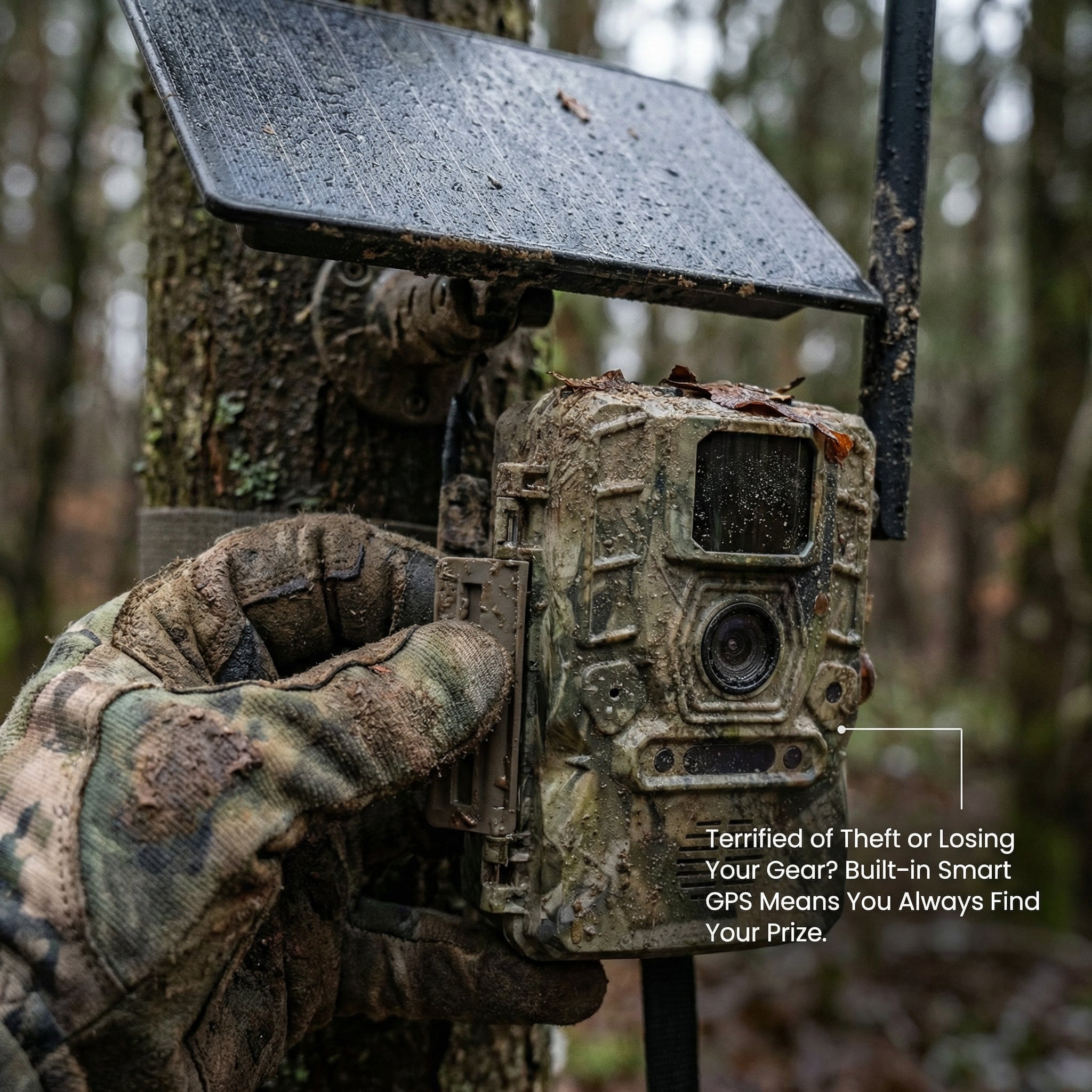 Hunter installing solar 4G GPS trail camera on tree in forest – WildTrackr RH-H5 hunting camera
