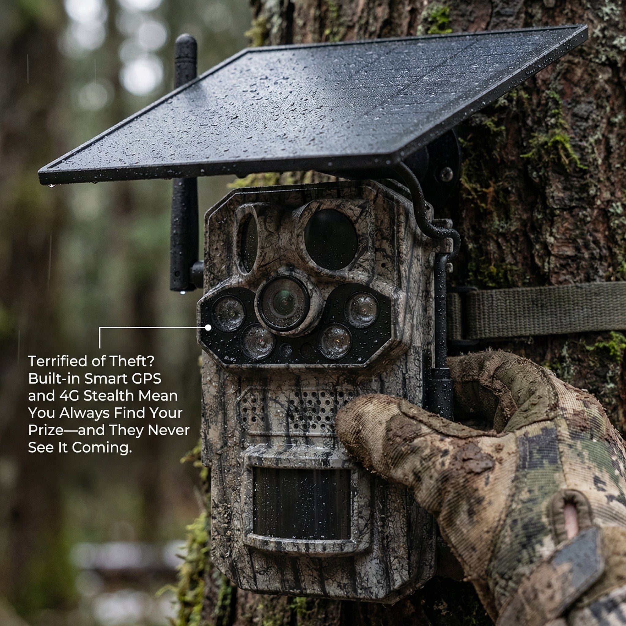 Solar PTZ game camera mounted on tree in rain with 4G GPS stealth – WildTrackr ST-HC808