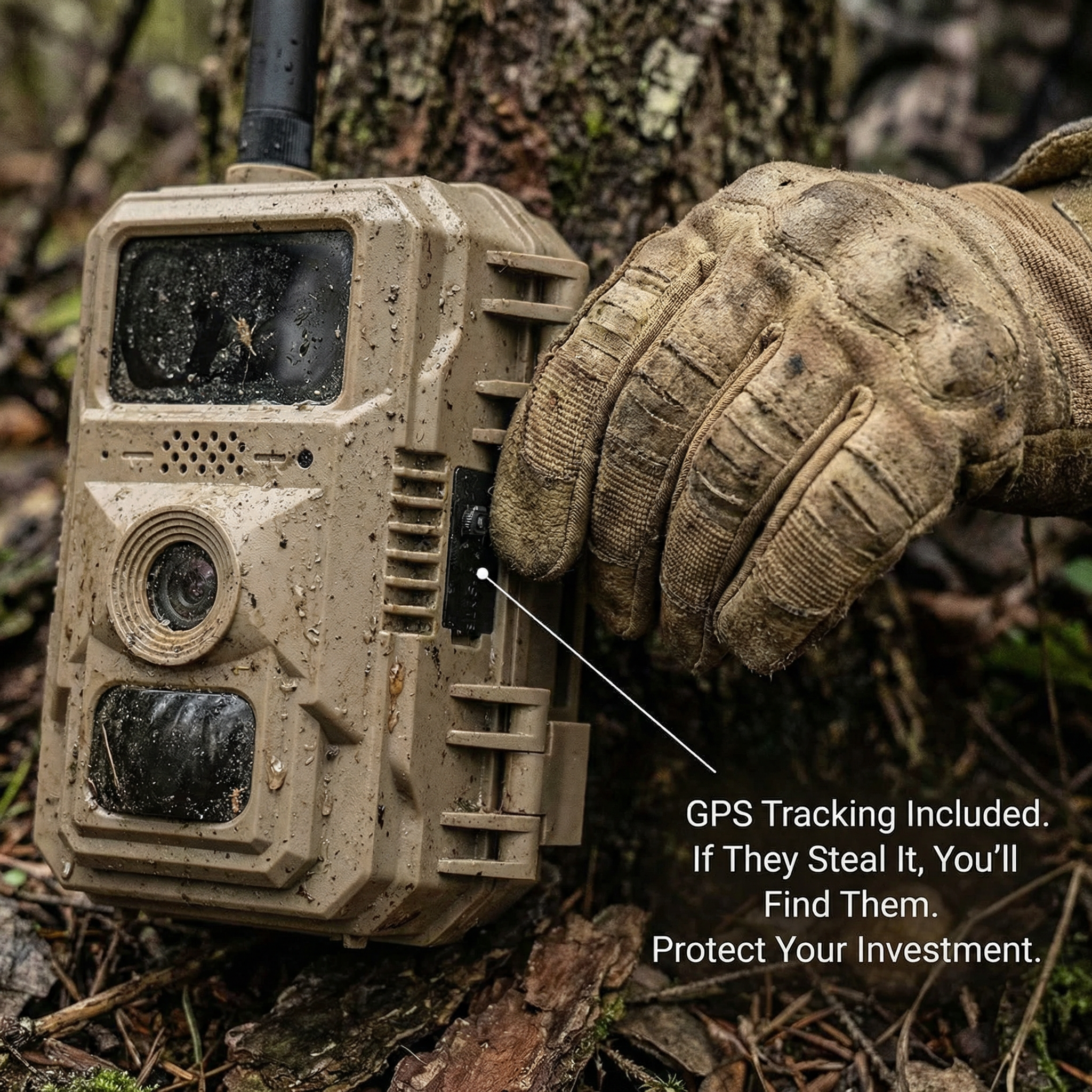 Hunter holding WildTrackr D37 GPS trail camera in forest – 4G real-time tracking game camera