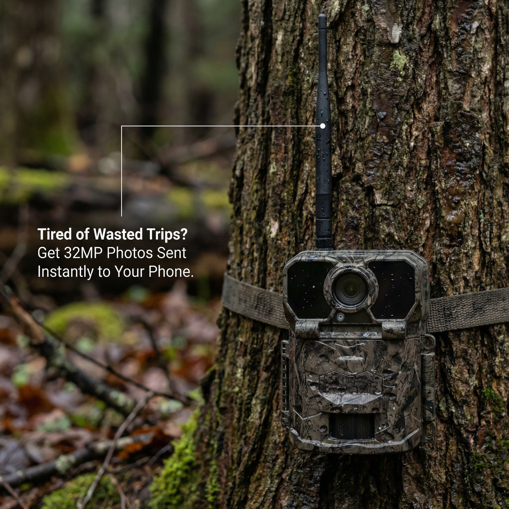 32MP cellular trail camera mounted on tree sending photos to phone – WildTrackr KG896 game camera