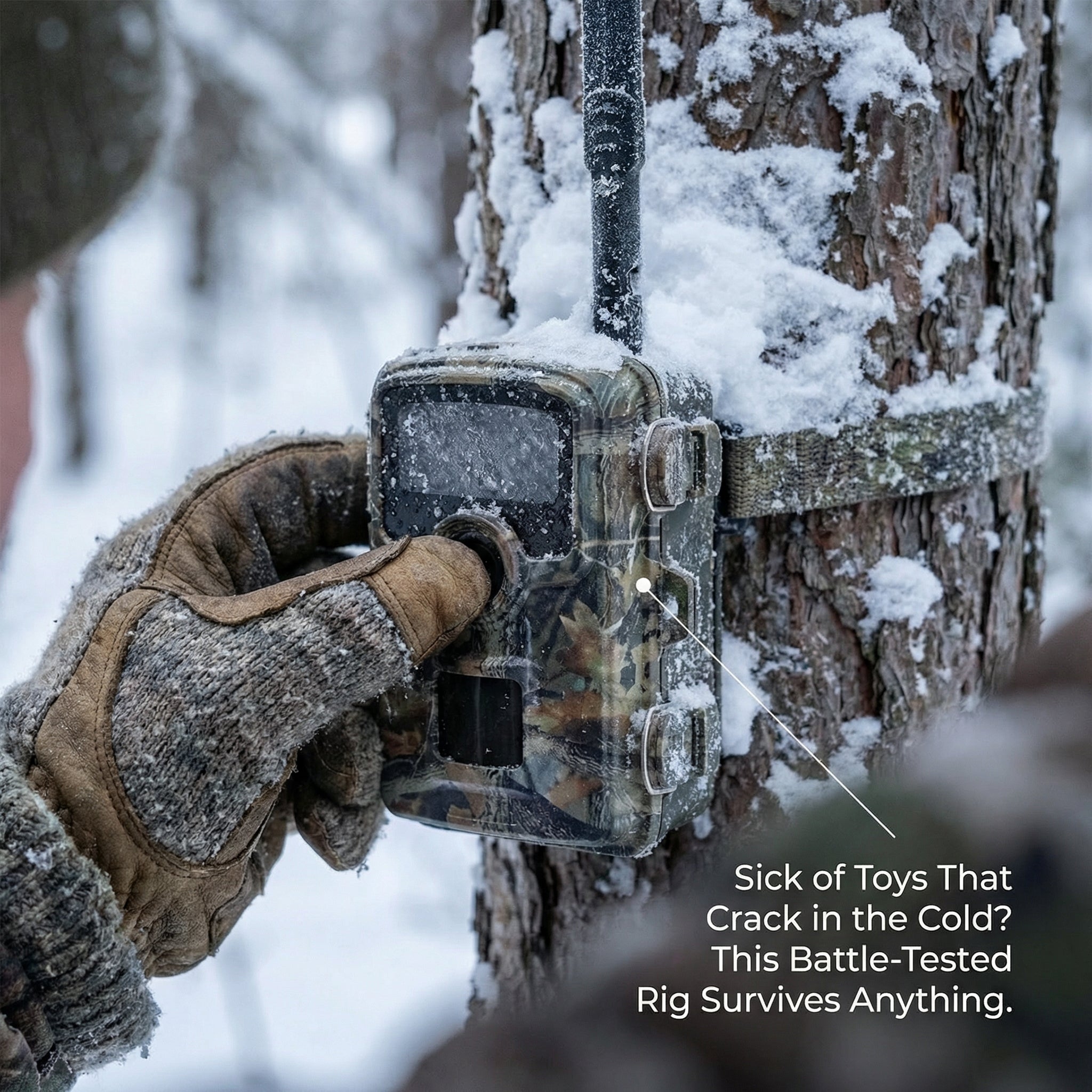 4G cellular trail camera mounted on snowy tree in winter – WildTrackr PH930G 48MP hunting camera