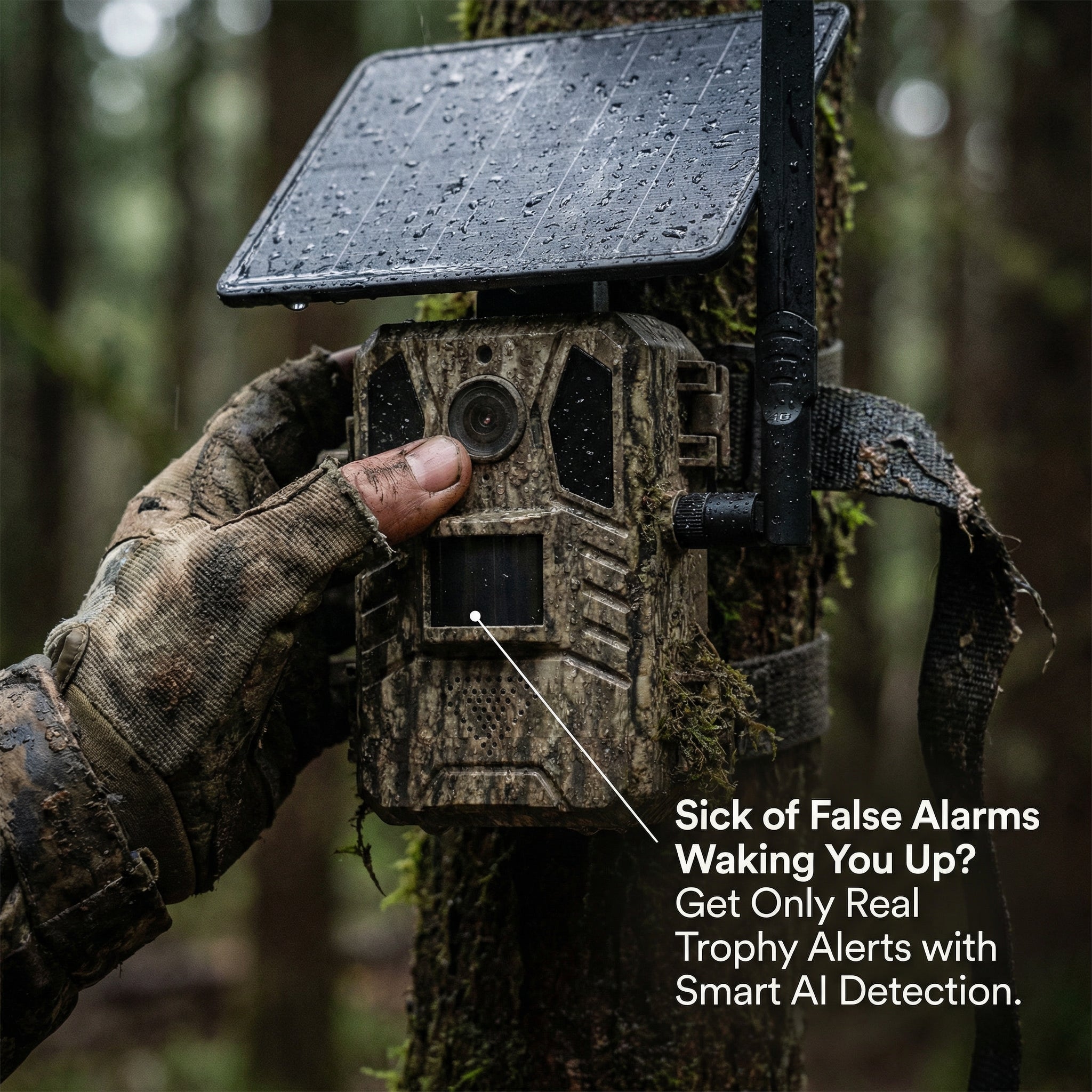 Solar pan-tilt trail camera with AI motion detection mounted on tree in rain – WildTrackr LS-HM1